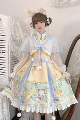 Robe Lolita Princesse Style Chinois Doux avec Imprimé Lapin Fée Multicolore, Volants et Nœud Papillon